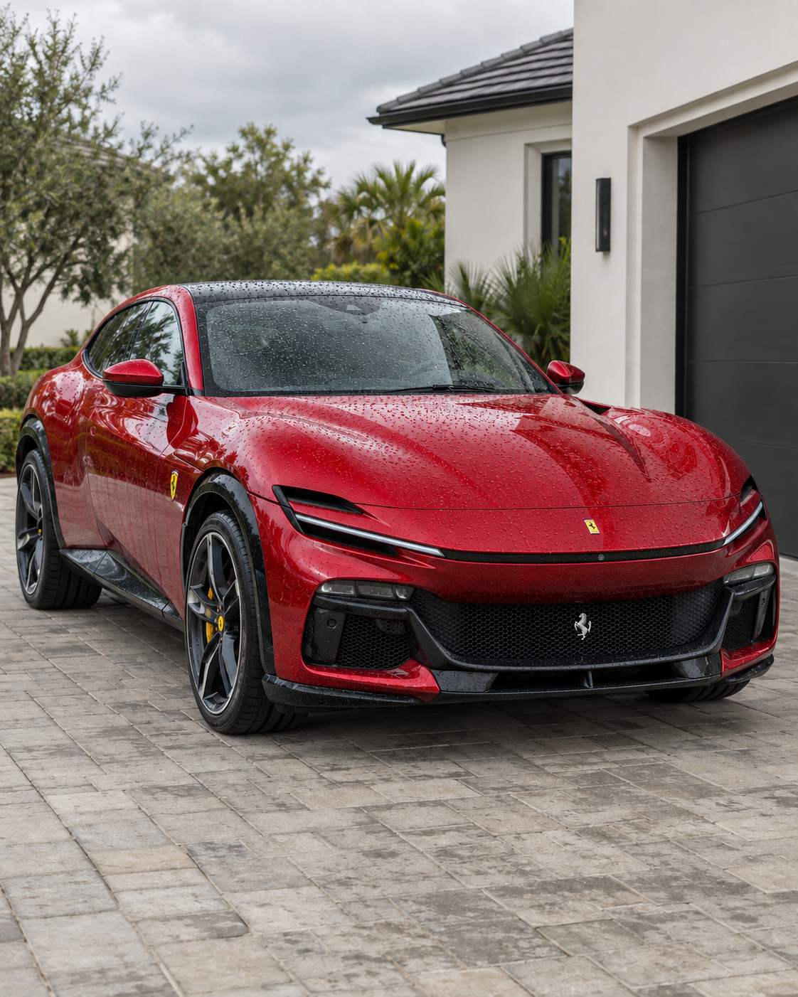 AI-generated Ferrari Purosangue ceramic protection concept with a glossy finish, water beading and water sheeting